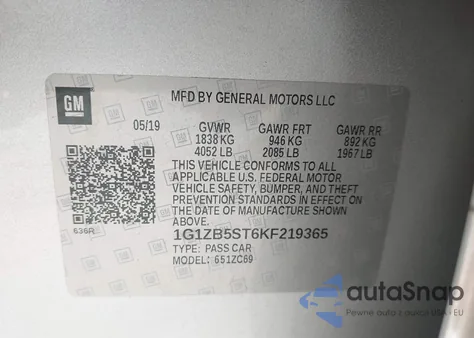 2019 Chevrolet Malibu 1Ls из США, поврежденный, VIN 1G1ZB5ST6KF219365